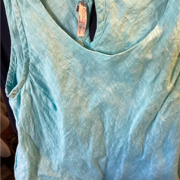 Colori Di Capri Blue 100% Italy Linen Keyhole Button Back Tank Top Plus Size XXL - Picture 2 of 8
